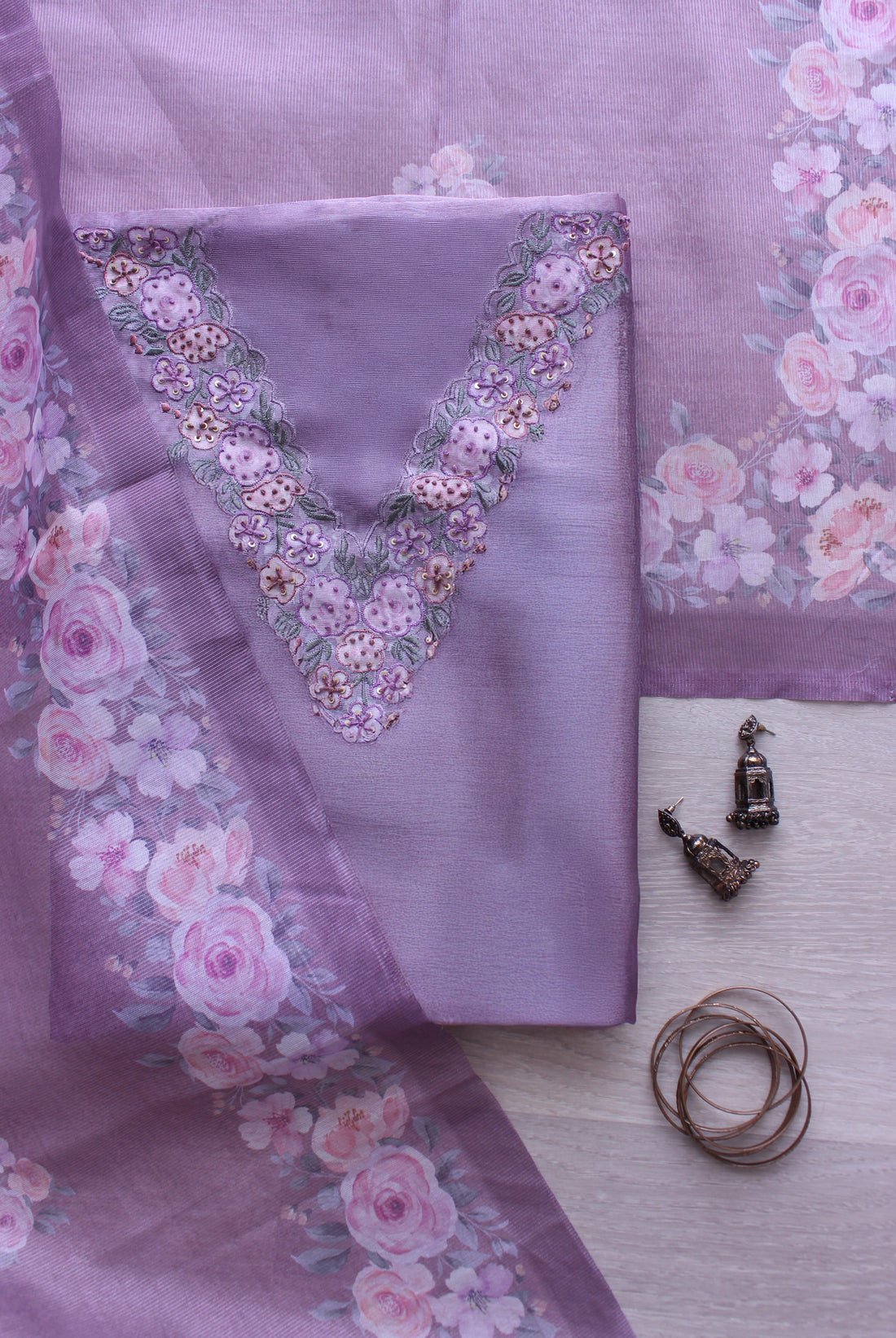 Divine Lilac Floral Handwork Unstitched Silver Browie Fabric