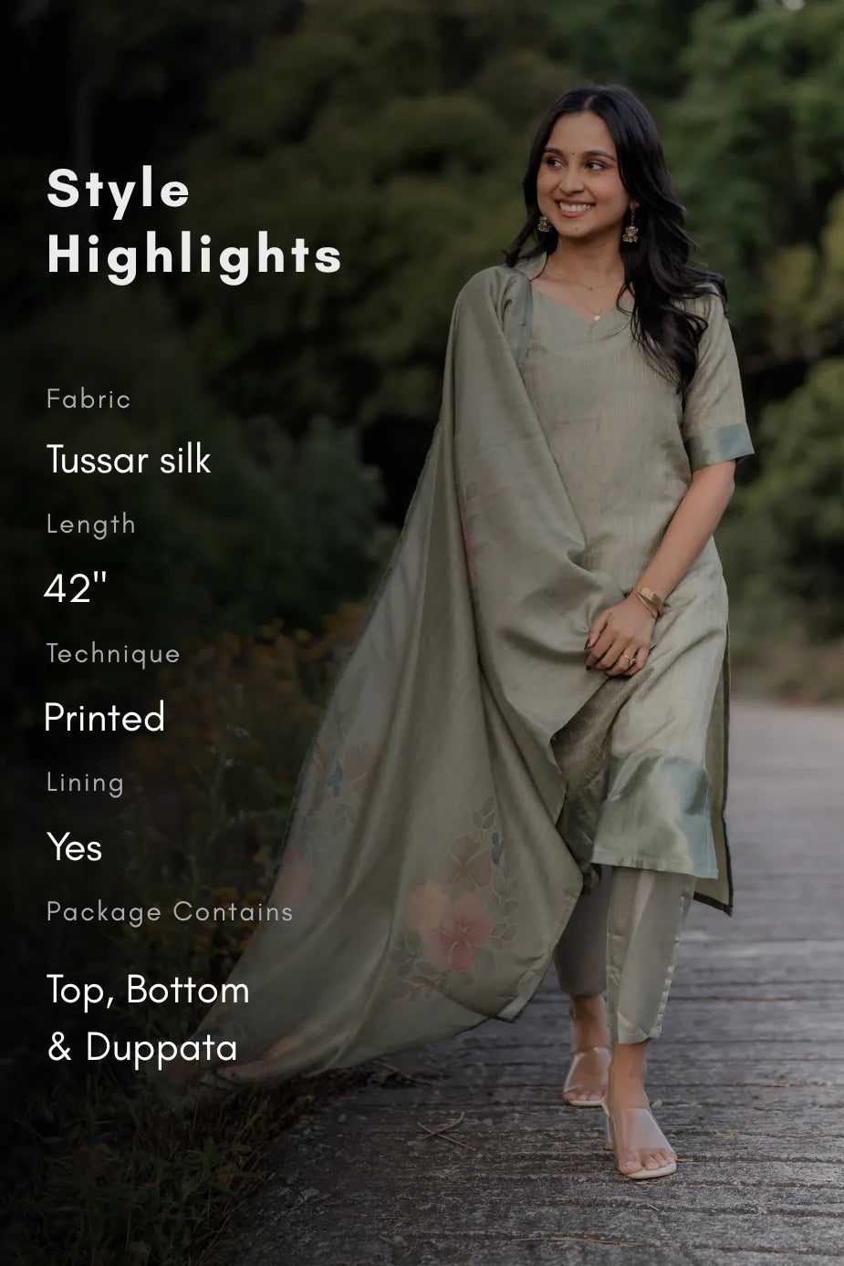 Olive Green 3 Piece Tussar Silk Printed Kurta Set with Dupatta