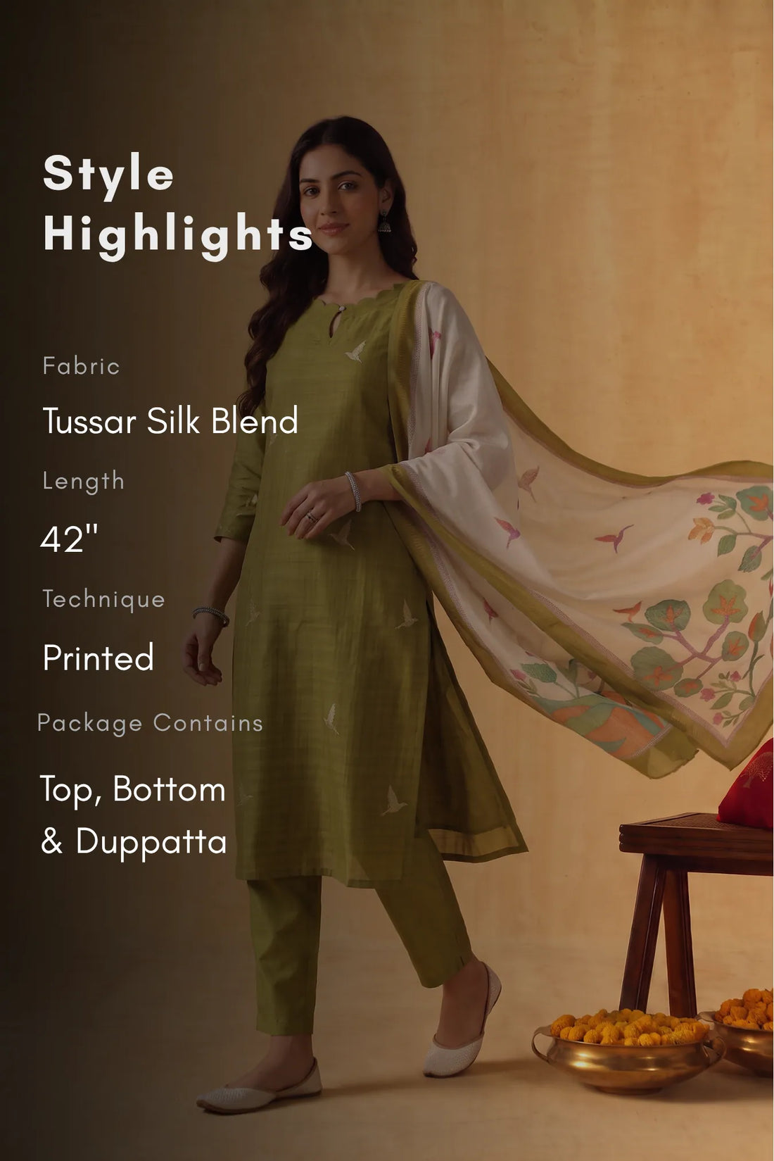 Lime Petals Green Tussar Silk Blend 3-Piece Printed Kurta Set