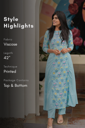 Bloomscape Blue Viscose Co-ord with Boat Neck & 3/4th Sleeves