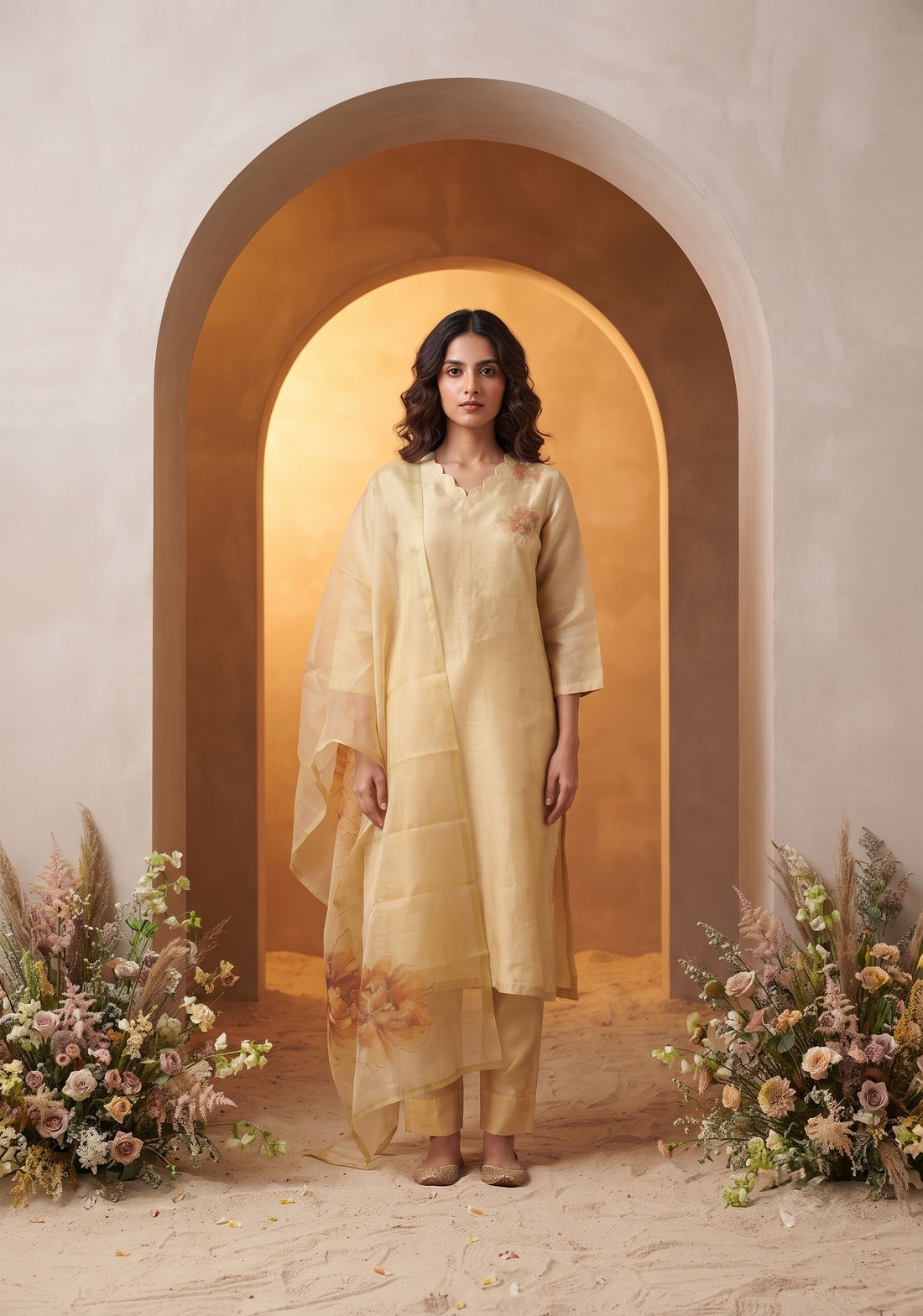 Mimsa Yellow Shimmer Tissue Kurta Set with Dupatta