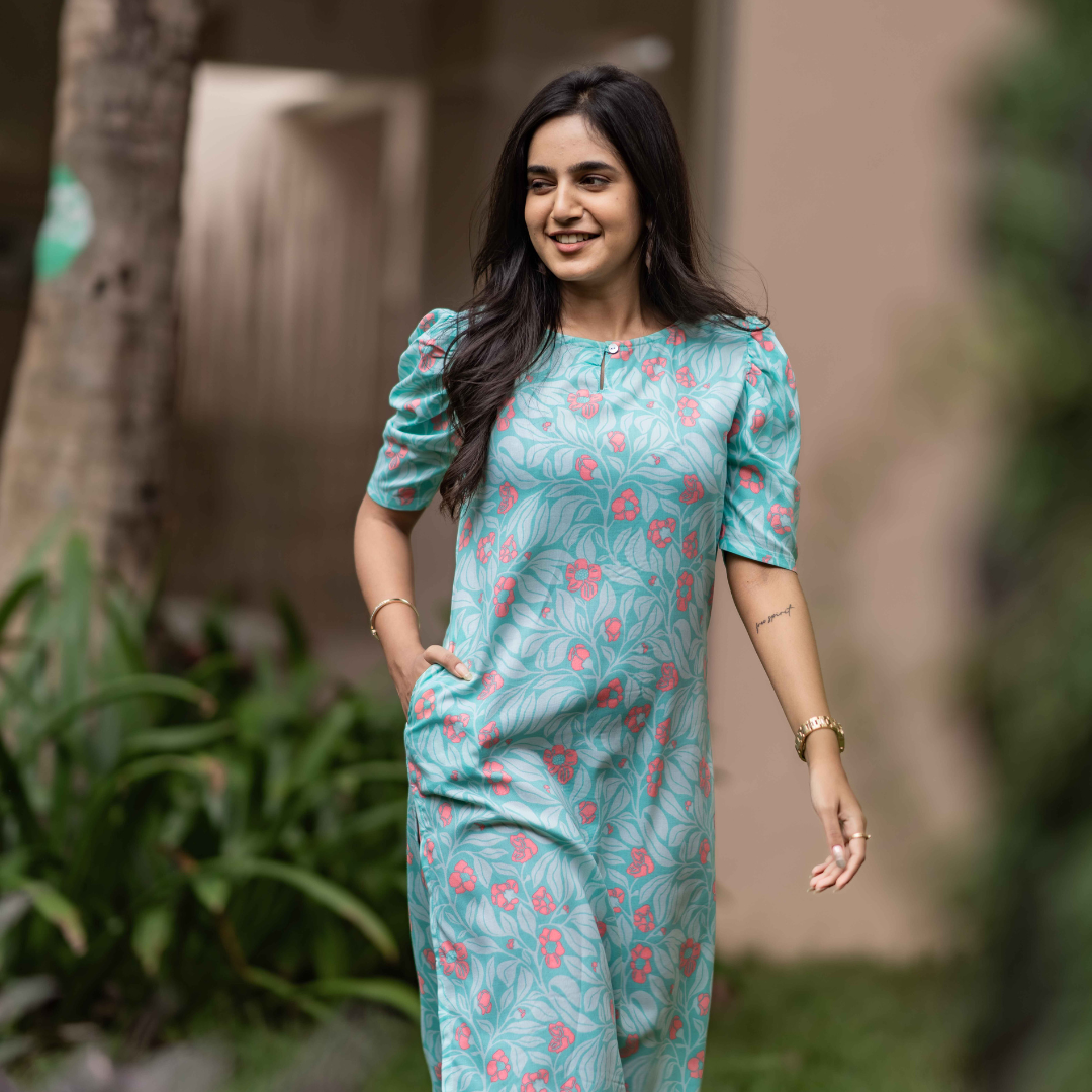 Subtle Blue Outblooms Viscose Printed Kurta