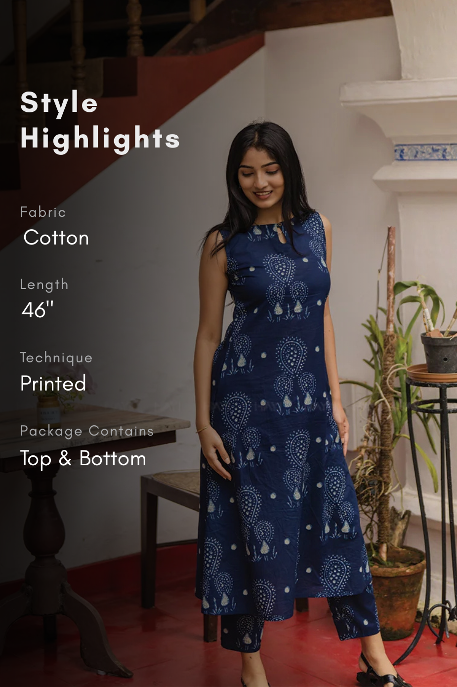 Indie Rune Blue Cotton Co-ord with Boat Neck with Keyhole