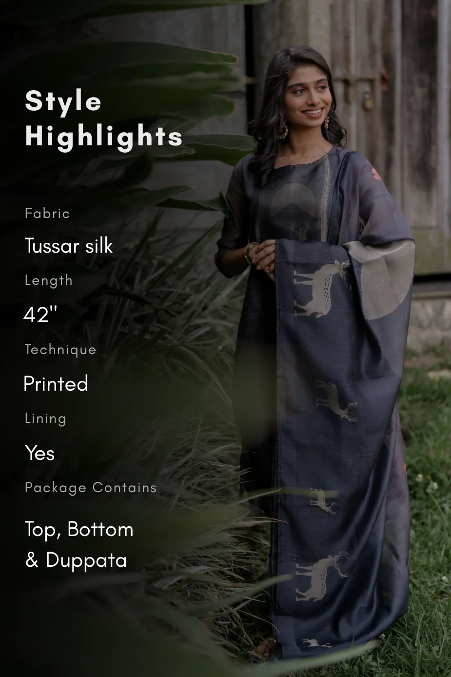 Graphite Elegance Printed Tussar Silk Kurta Set with Dupatta