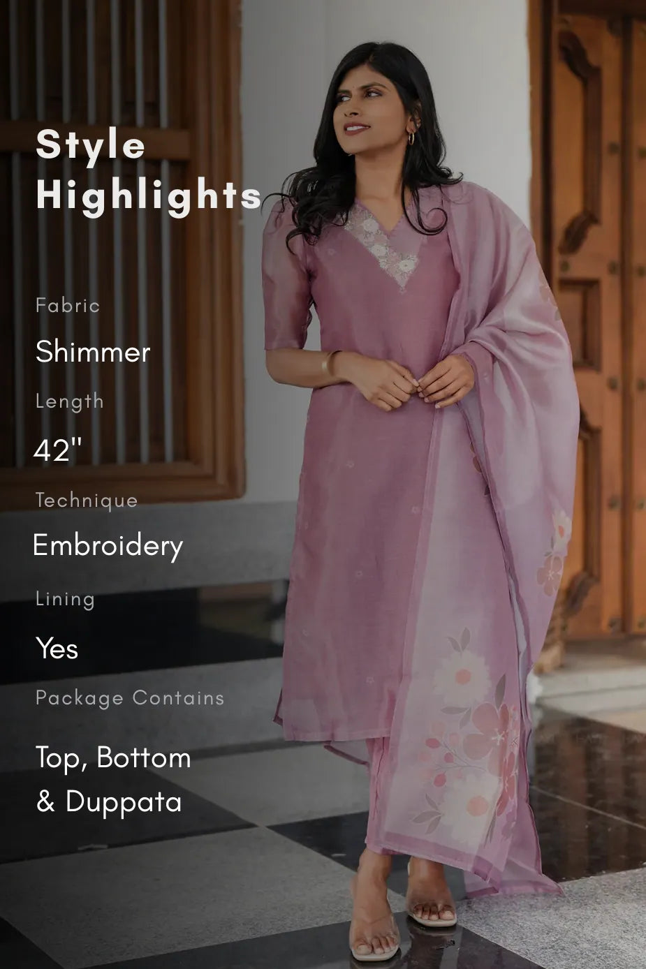 Pinkshift Shimmer 3 Piece Tissue Hand-Embroidered Kurta with Pant & Dupatta