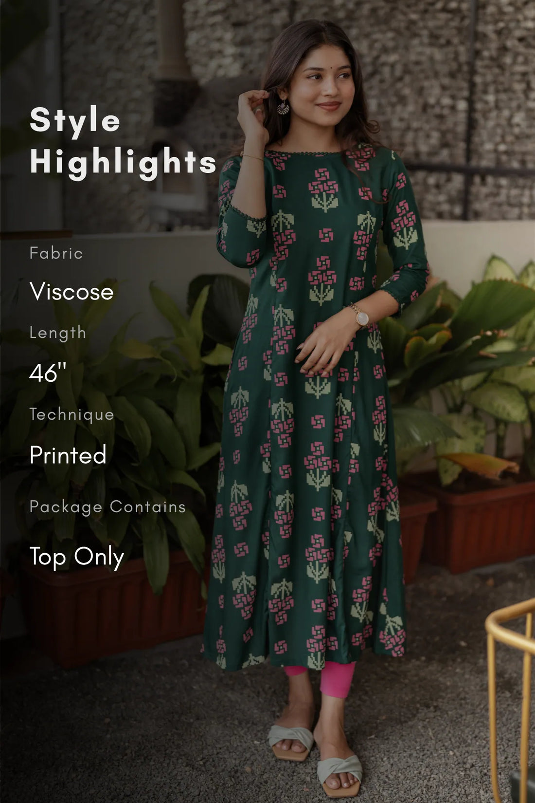 Jade Garden Dark Green Printed Viscose Kurta