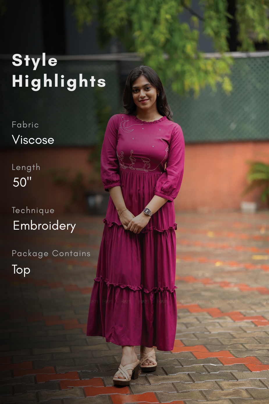 Moonlit Swans Violet Viscose Dress with Frill Neck & Embroidered Yoke