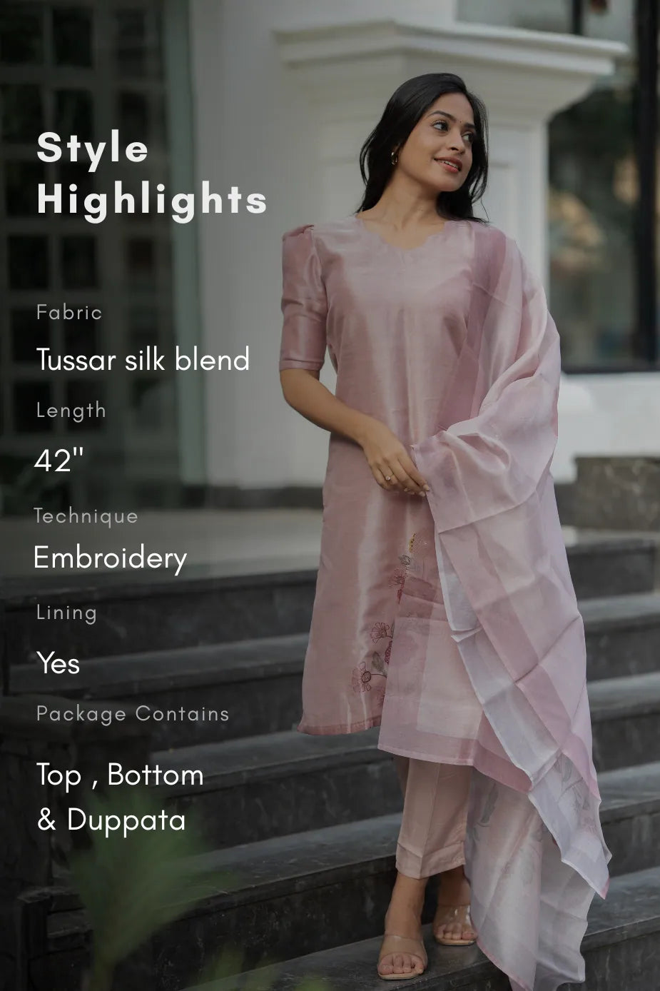 Roselight Embroidered 3 Piece Tussar Silk Blend Kurta Set with Dupatta