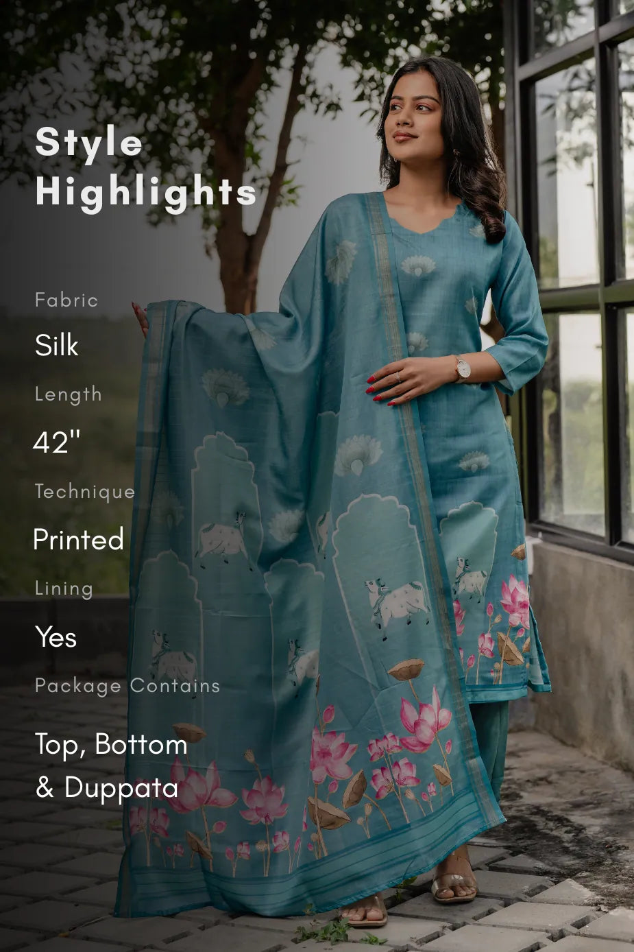 Lotus Charm Blue 3 Piece Tussar Silk Blend Printed Kurta with Pant & Dupatta