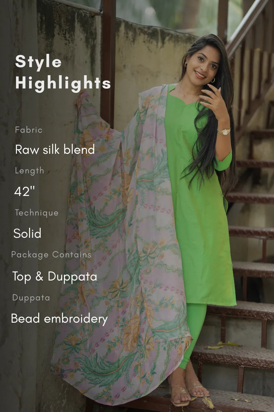 Floral Charmist Solid 2 Piece Raw silk blend Kurta with Printed Dupatta