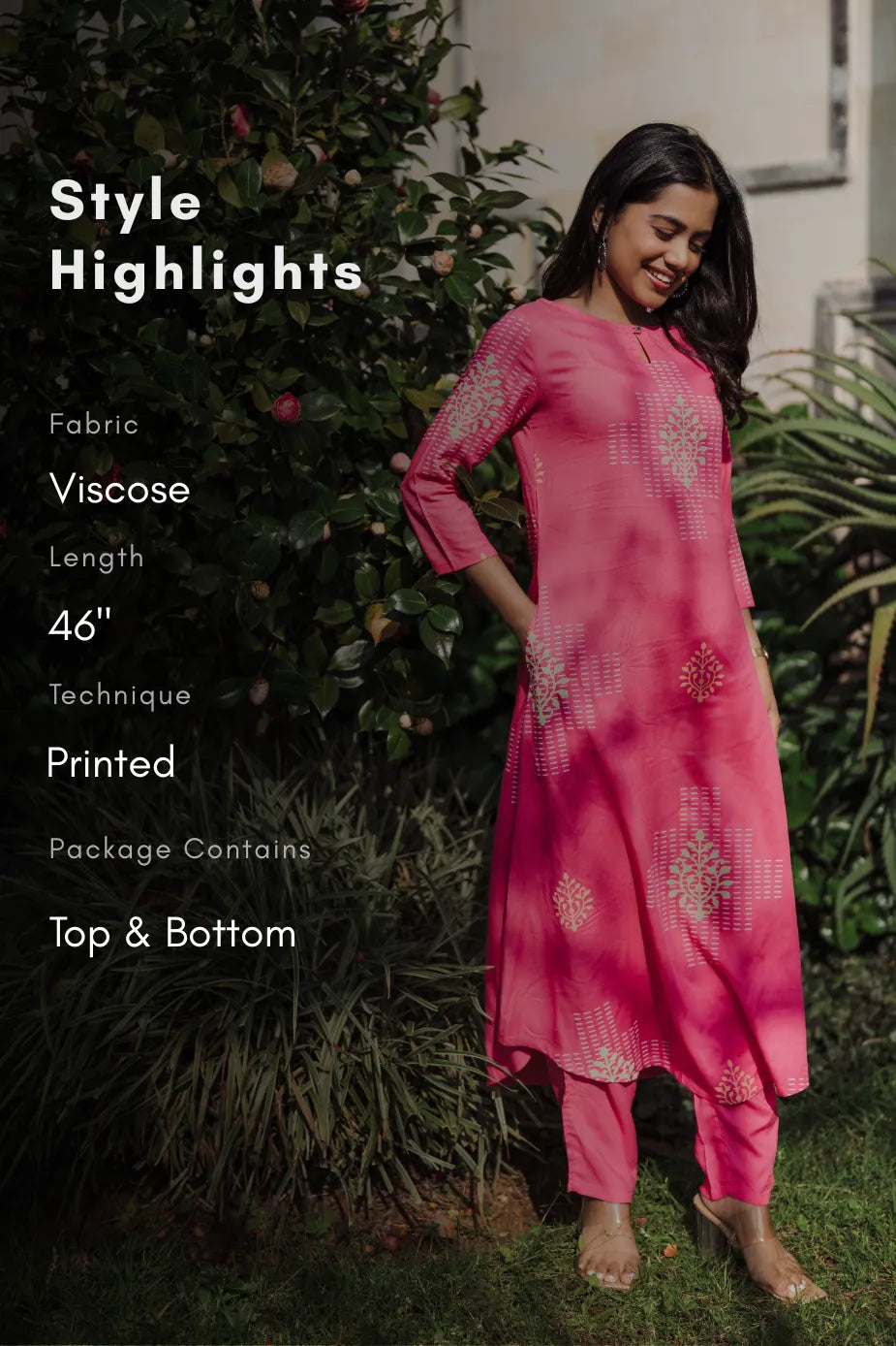 Fuchisa Charm Pink Viscose Co-ord with Boat Neck & 3/4th Sleeves