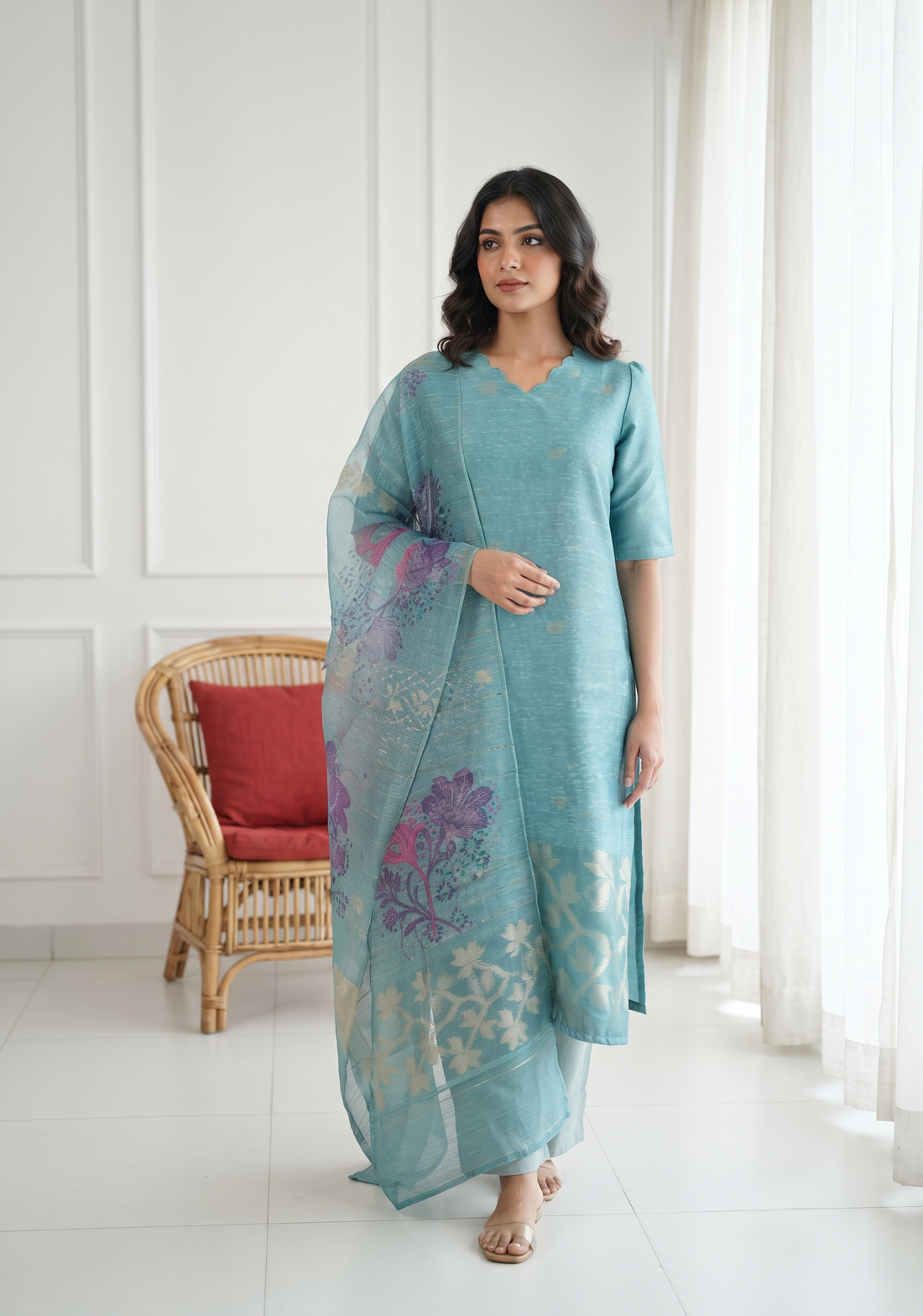 Neerika Printed 3 Piece Organza Slub Kurta Set with Dupatta