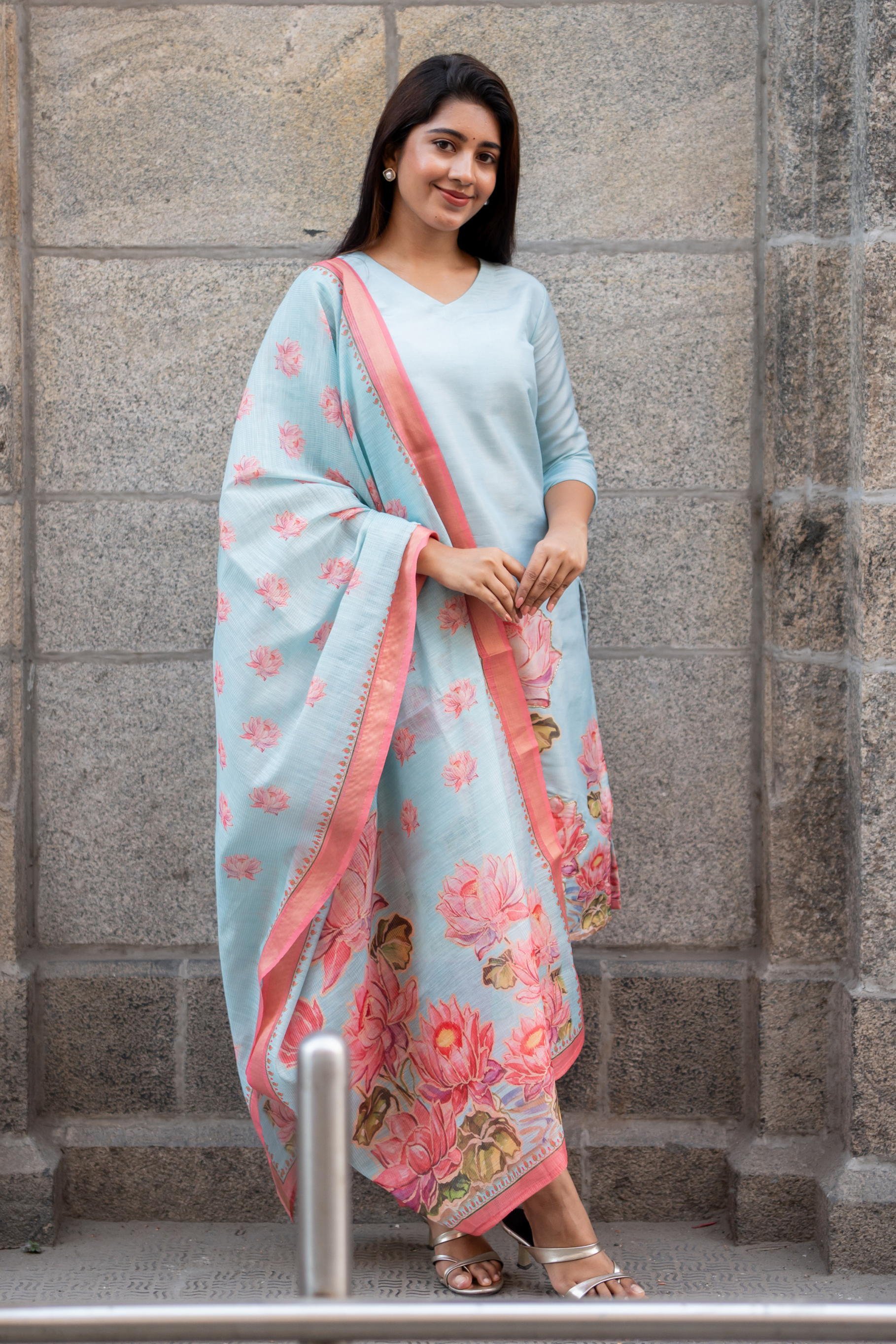 Lotus Mist Blue Printed 3 Piece Shimmer Tissue Kurti Set with Dupatta