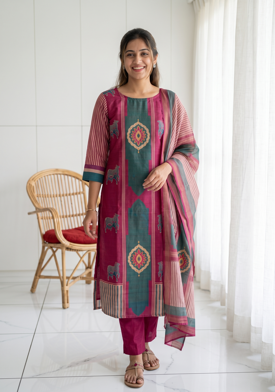Rustic Grace Red 2 Piece Shimmer Tissue Blend Placement Printed Kurta with Dupatta