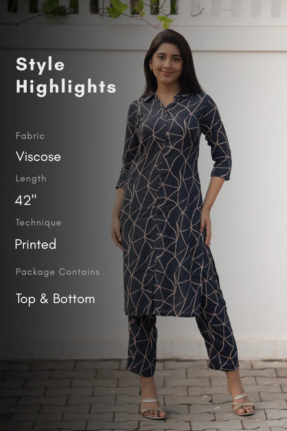 Crackled Chic Black Viscose Co-ord with Shirt Collar Neckline & 3/4th Sleeves