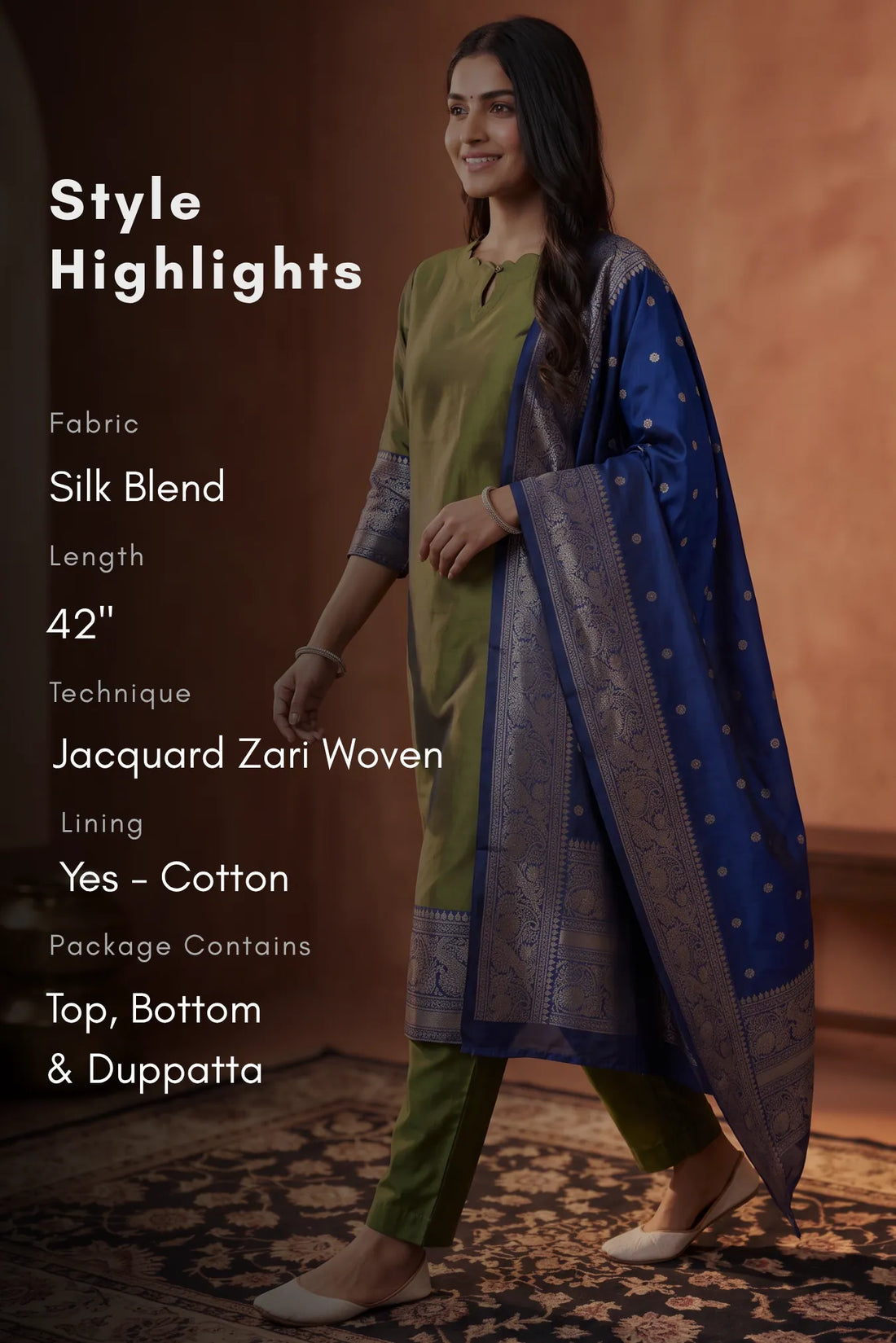 Olive Glow Green Silk Blend 3-Piece Woven Kurta Set