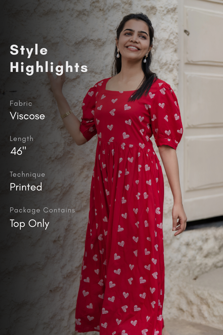 Heartspell Valentine Red Viscose Dress with Square Neck & Puff Sleeves with Cuff