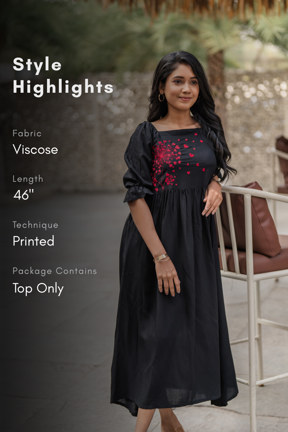 Wounded Rose Black Viscose Embroidered Dress with Square Neck & Elasticated Frill Sleeve Cuffs