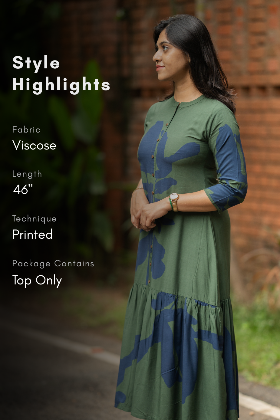 Forest Wave Green Viscose A-Line Kurta with Chinese Collar & 3/4th Sleeves