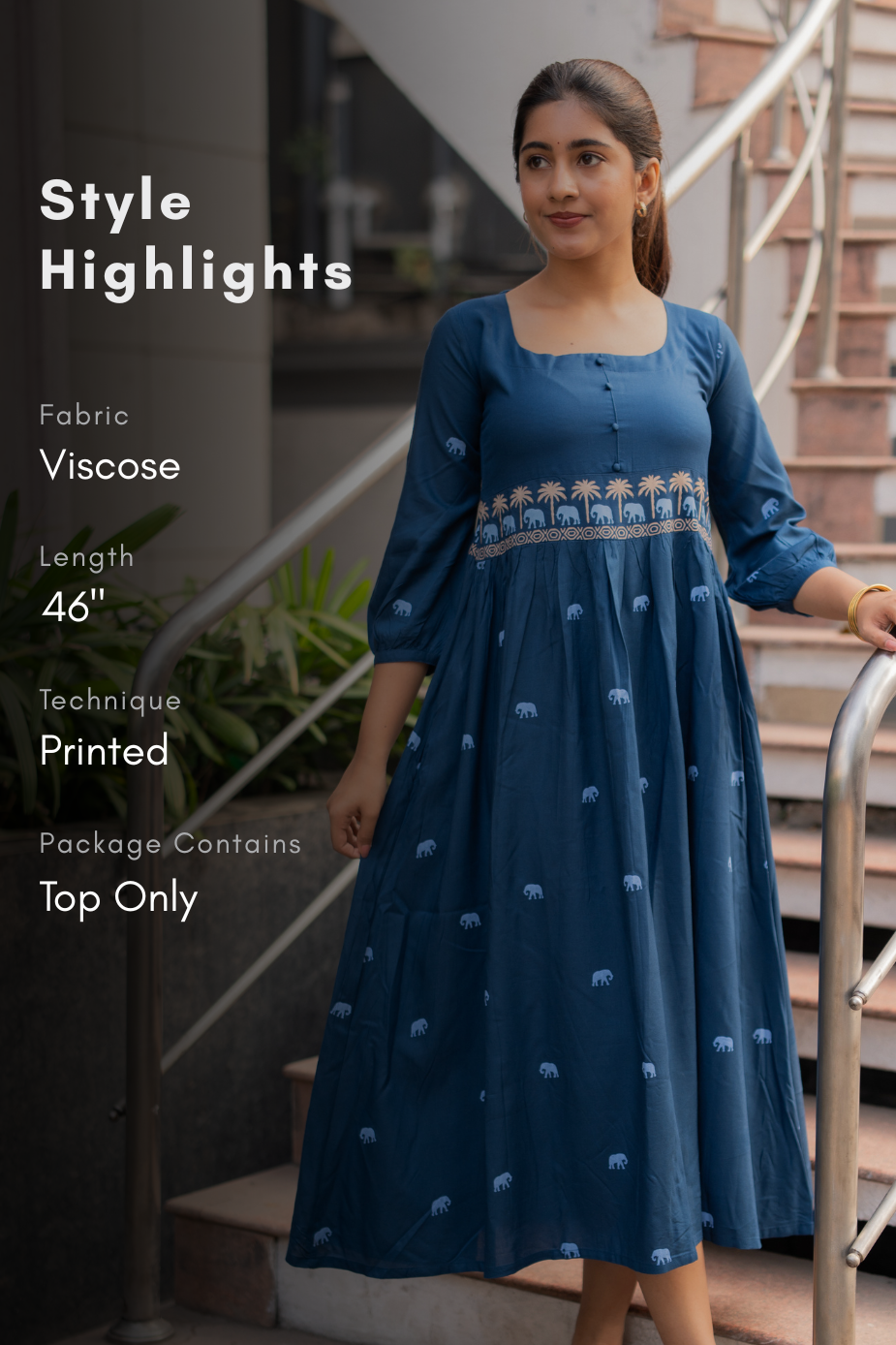 Tusker Tale Greyish Blue Viscose Dress with Round Square Neckline & 3/4th Sleeves