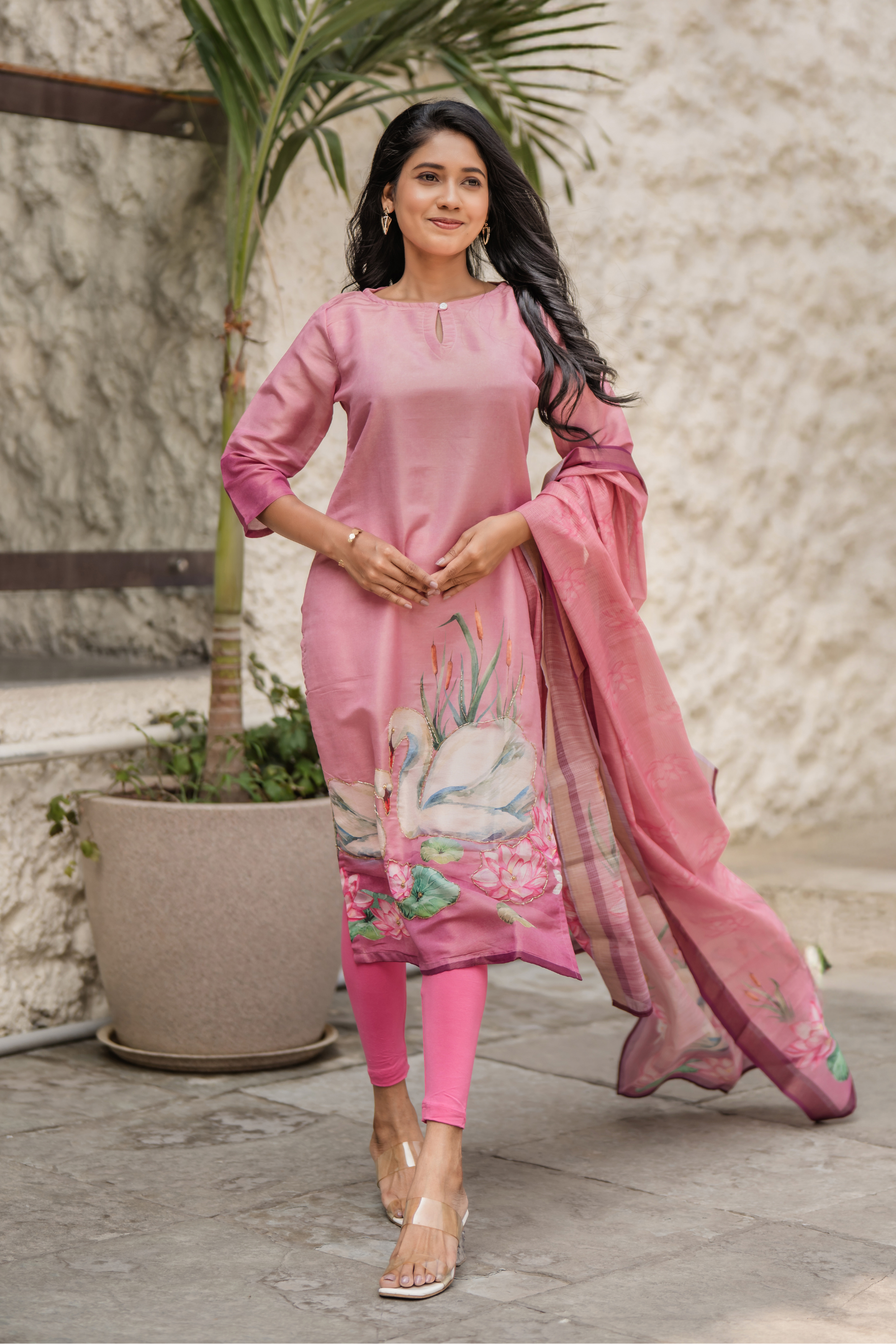 Lilac Swan Pink Printed 3 Piece Shimmer Tissue Kurti Set with Dupatta