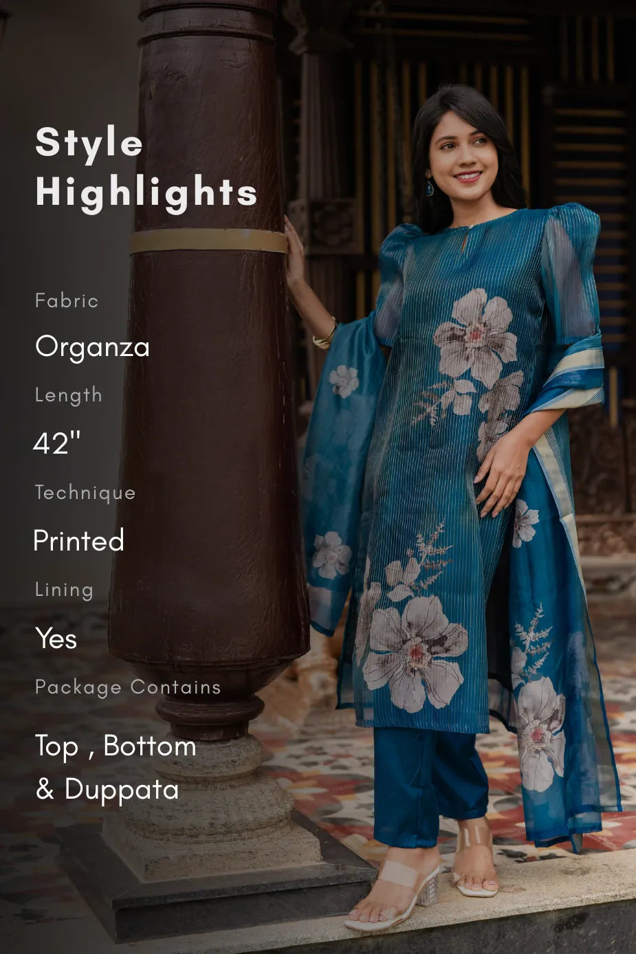Lagoon Petals 3 Piece Peacock Blue Organza Printed Kurta with Pant & Dupatta