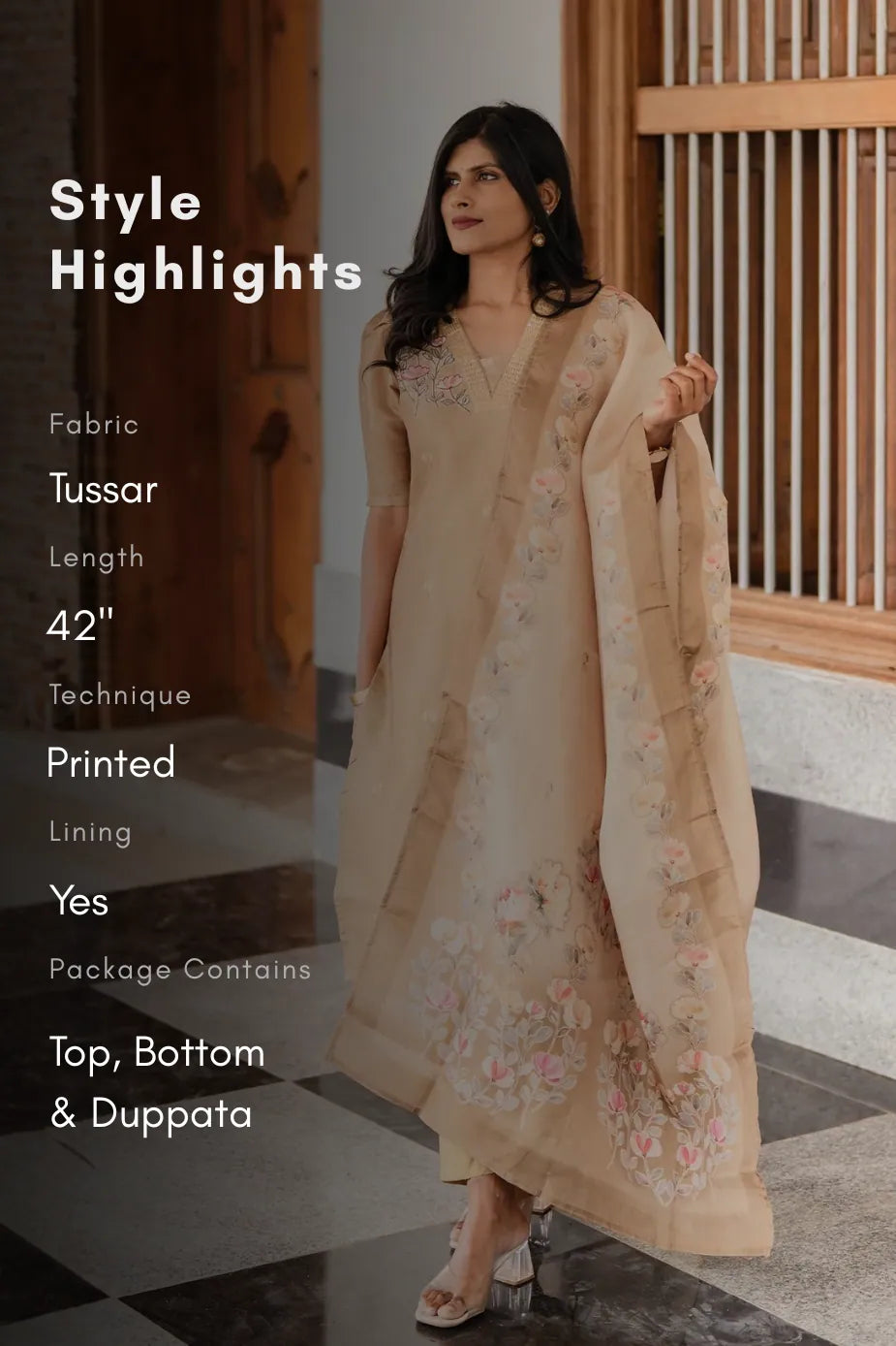 Classic Natural Yellow 3-Piece Tussar Silk Blend Floral Hand-Embroidered Kurta with Pant & Dupatta