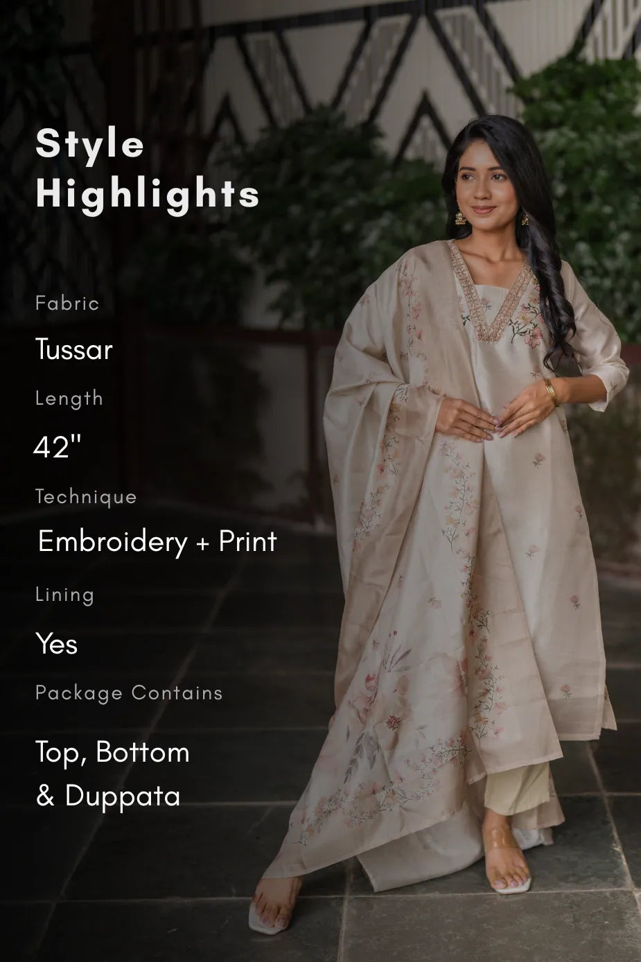 Ivory Grace Embroidered & Printed 3 Piece Tussar Silk Blend Kurti Set with Dupatta