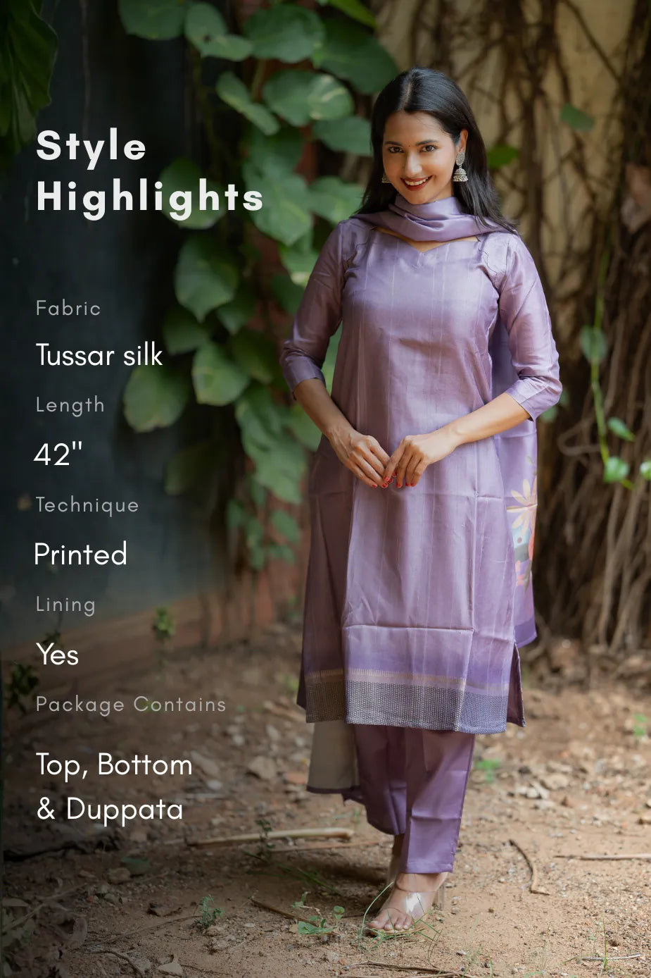Lavender Hexa Violet 3 Piece Tussar Silk Kurta Set with Dupatta