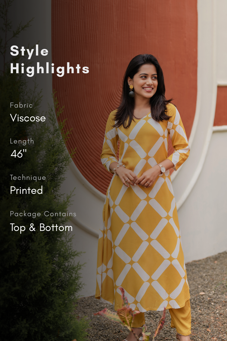 Lemon Prism Yellow Viscose Co-ord with V-Neckline & 3/4th Sleeves