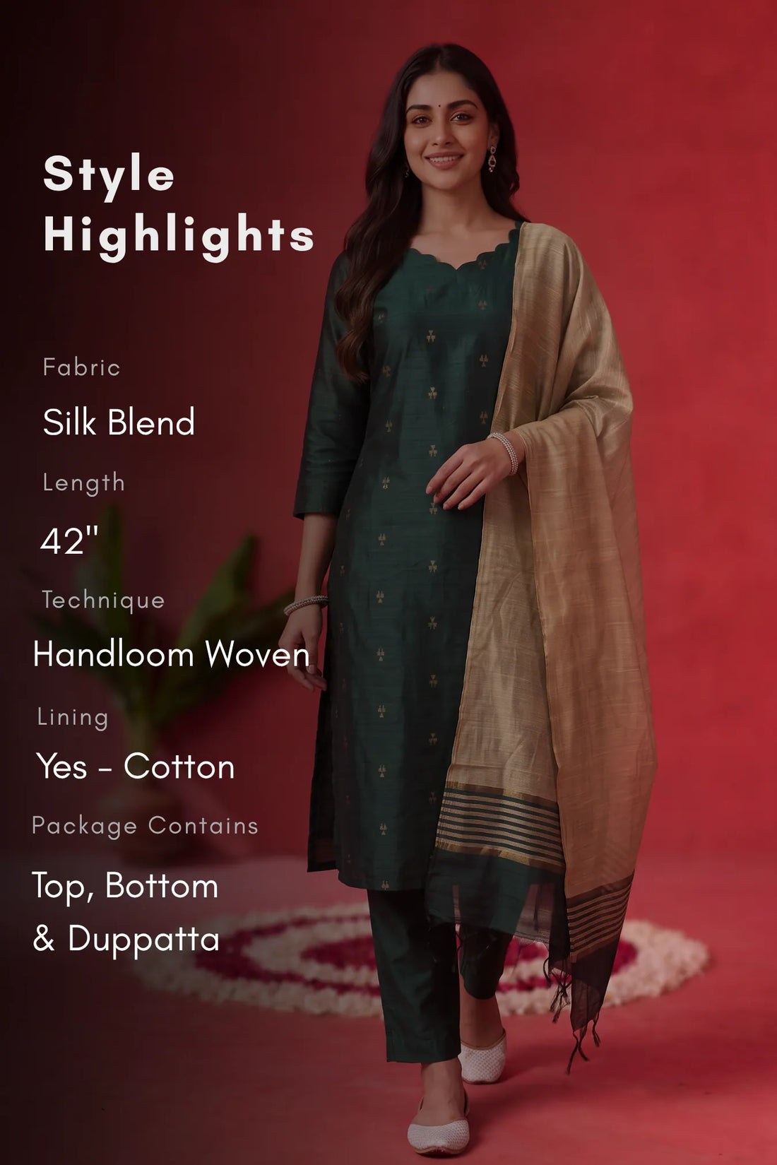 Elara Grace Green Silk Blend Handloom Woven 3-Piece Kurta Set