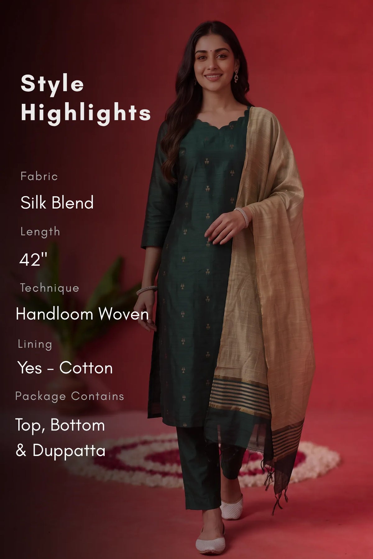 Elara Grace Green Silk Blend Handloom Woven 3-Piece Kurta Set