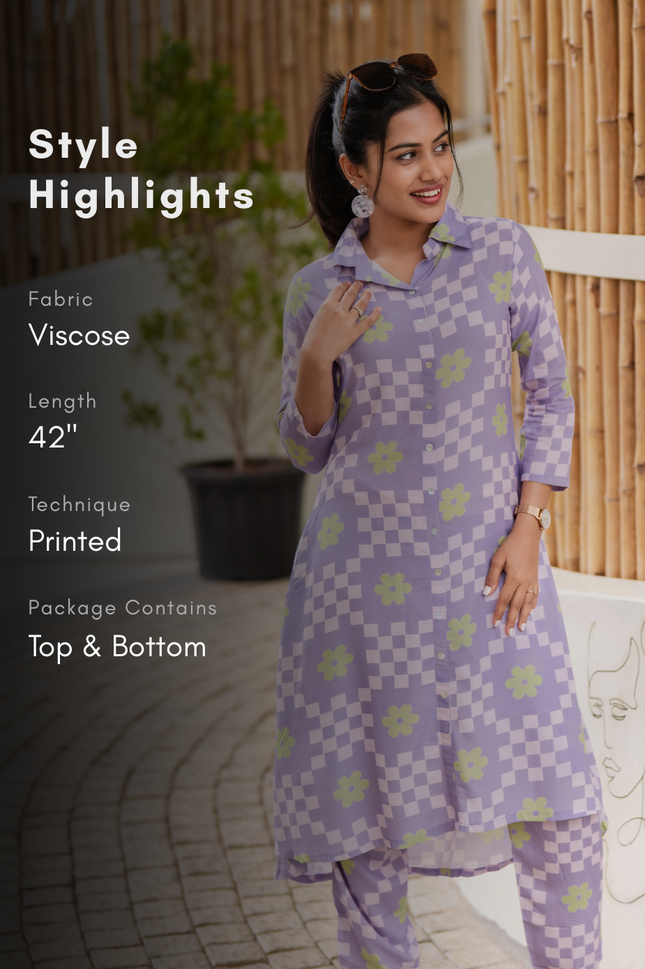 Soft Loop Lavender Viscose Co-ord with Shirt Collar Neck & 3/4th Sleeves