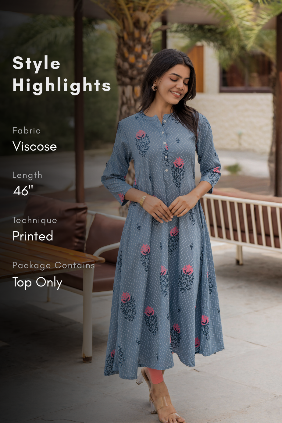 Bloomtrace Greyish Blue Viscose A-Line Kurta with Chinese Collar Neck & 3/4th Sleeves