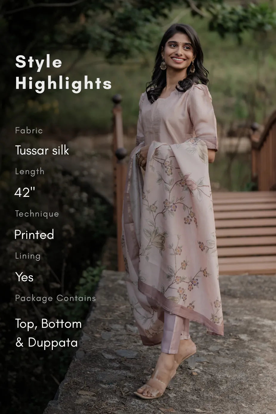 Soft Mauve Scallop Grace Tussar Silk 3 Piece Kurta Set with Dupatta