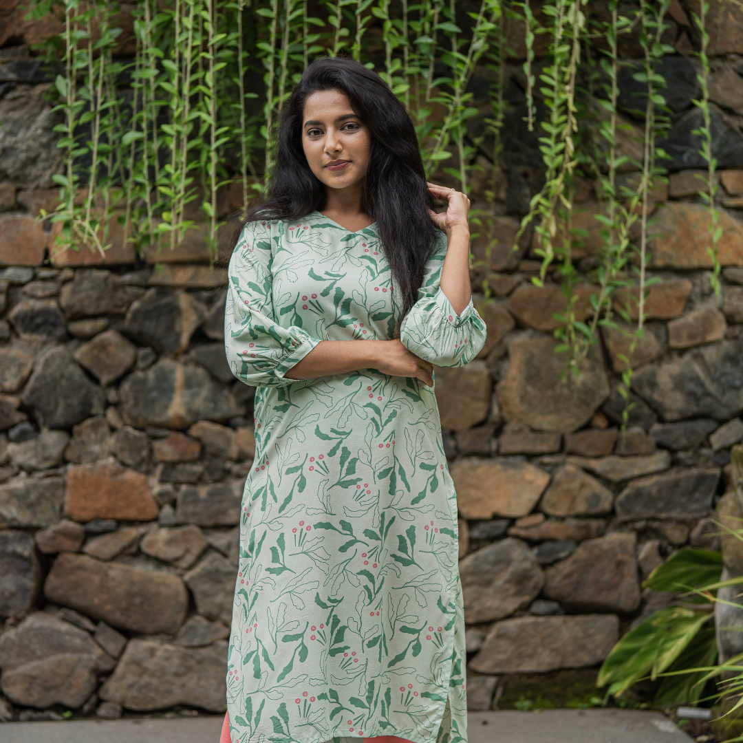 Green Leafy Leaves Viscose Printed Kurta