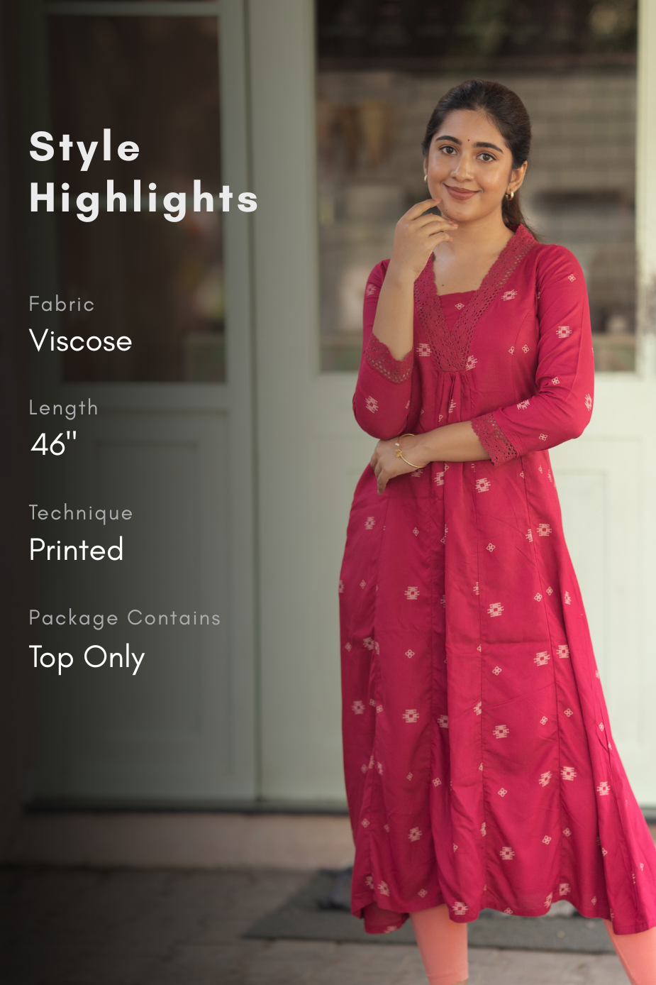 Wine Loom Majenta Viscose A-Line Kurta with V-Neck Lace & 3/4 Sleeves