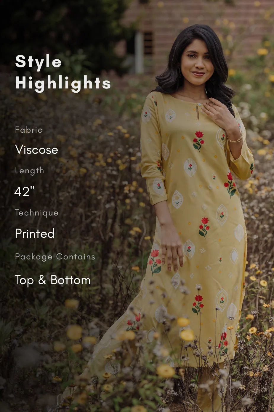 Lumea Bloom Yellow Viscose Co-ord with Boat Neck & 3/4th Sleeves