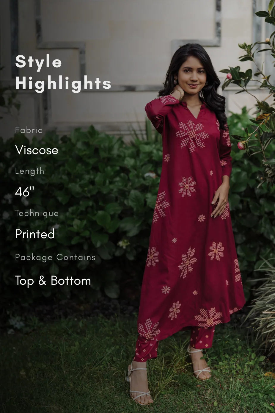 Maroon Mosaic Viscose Co-ord with Shirt Collar & 3/4th Sleeves