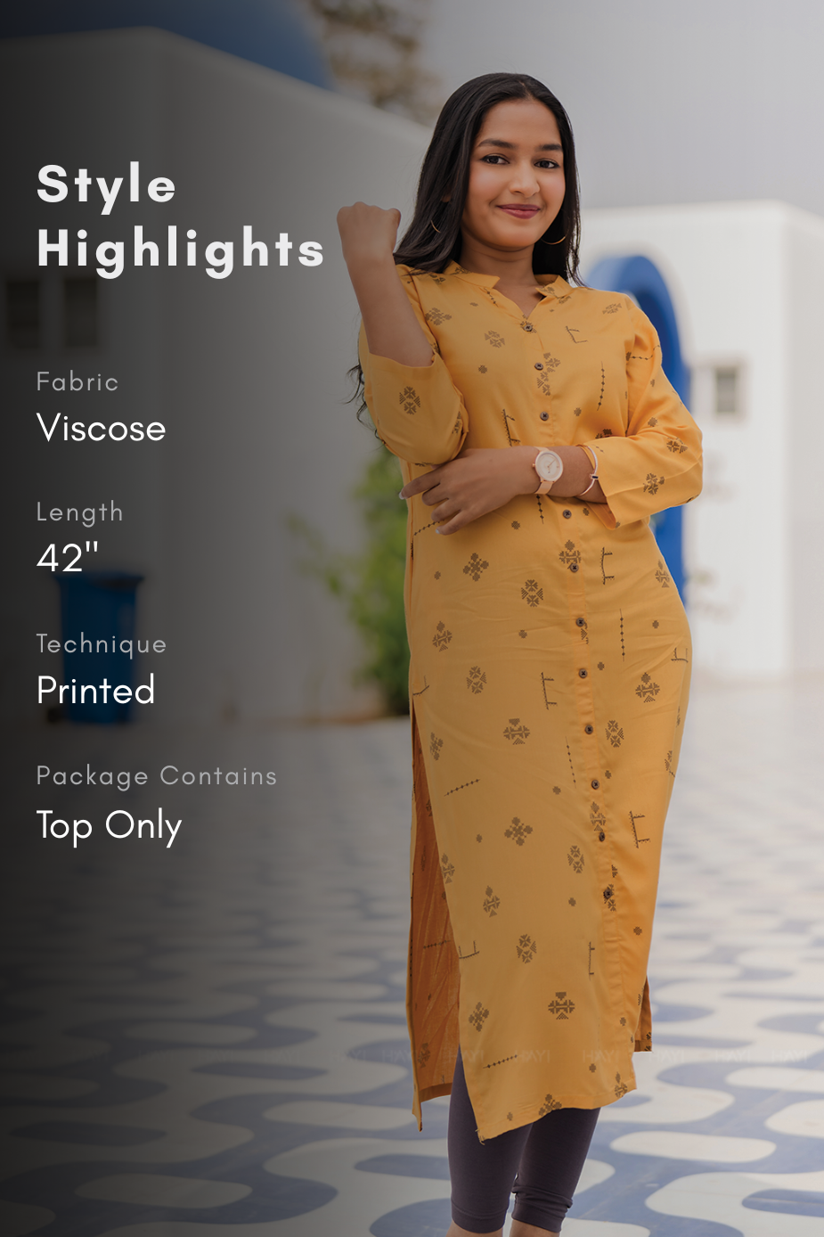 Terra Stitch Yellow Viscose Kurta with Chinese Collar & 3/4 Sleeves