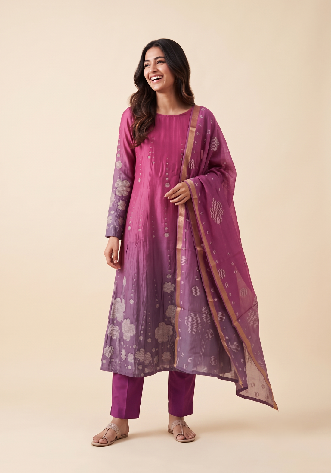 Rosy Muse Printed 2 Piece Bombay Silk Blend Kurta with Dupatta
