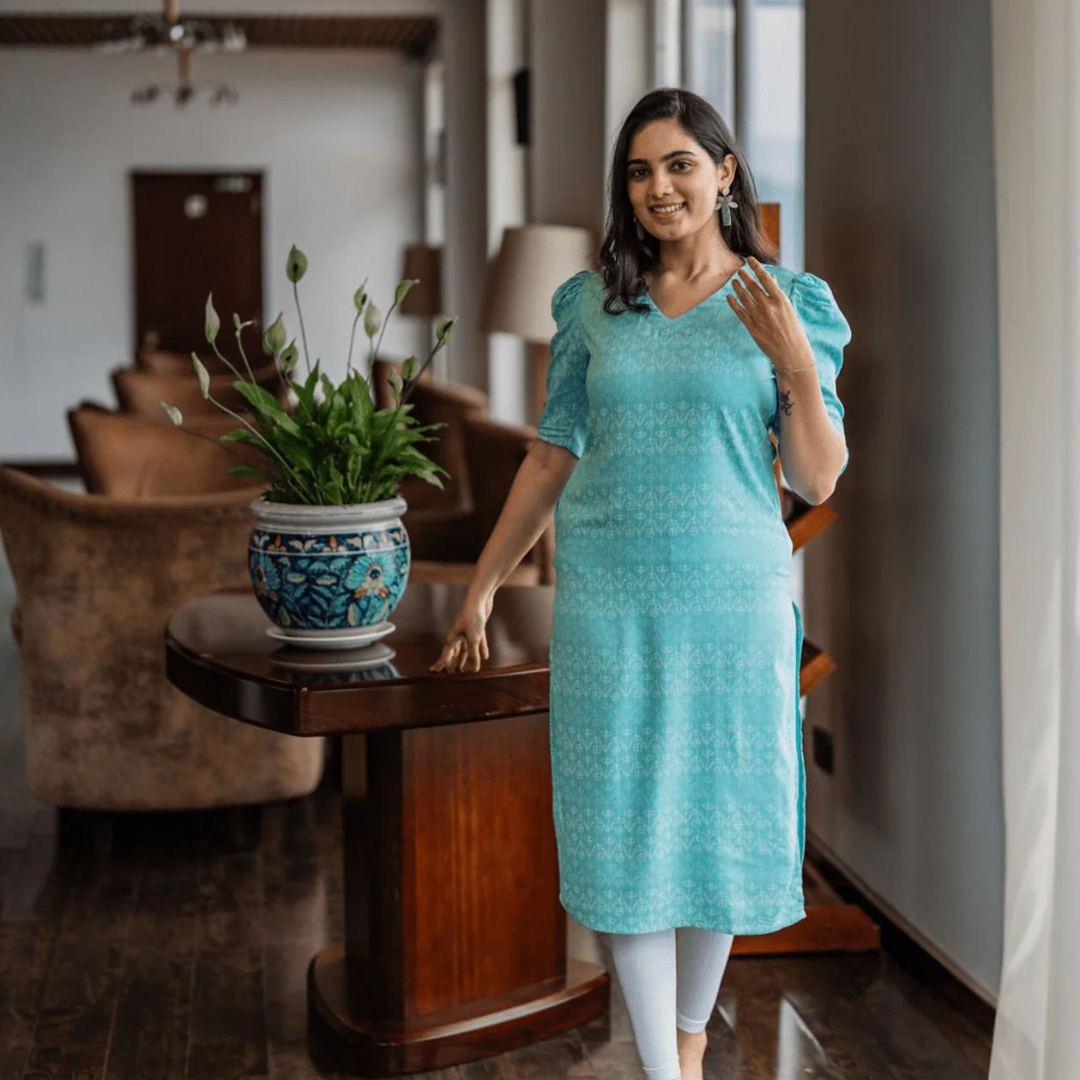 Crafted Blue Floral Strokes Viscose Printed Kurta