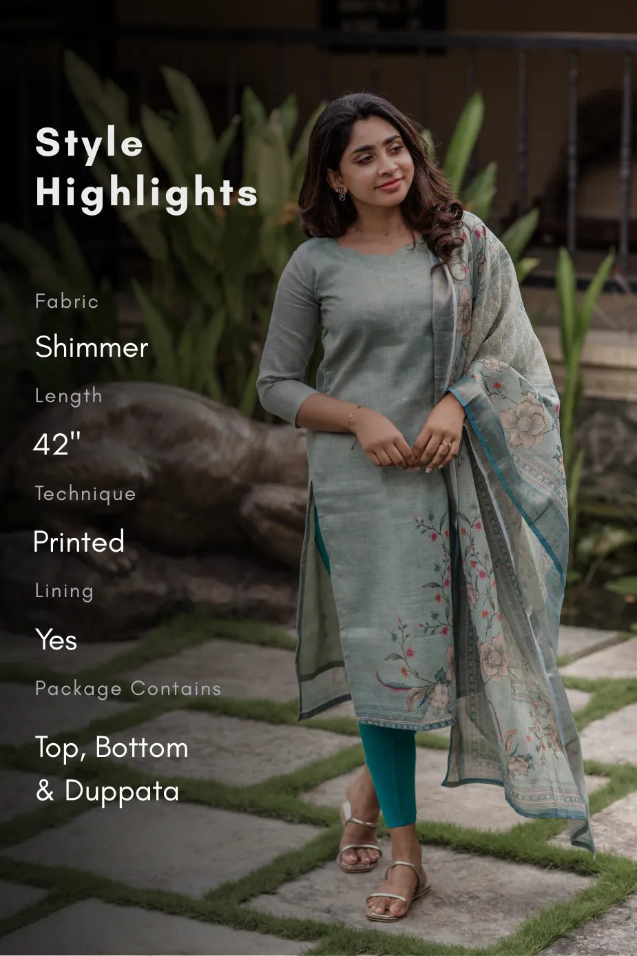 Tharisa Greyish Blue 3 Piece Shimmer Tissue Blend Placement Printed Kurta with Pant & Dupatta