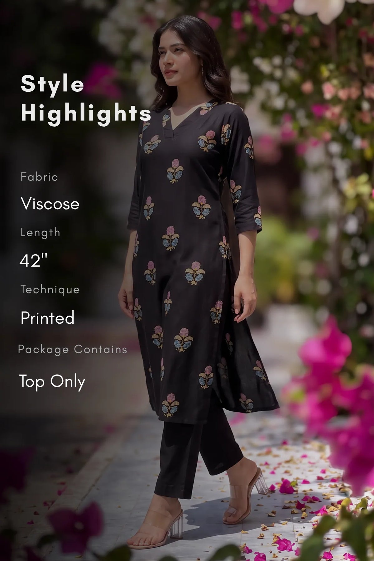 Floral Reverie Black Viscose Printed Kurta