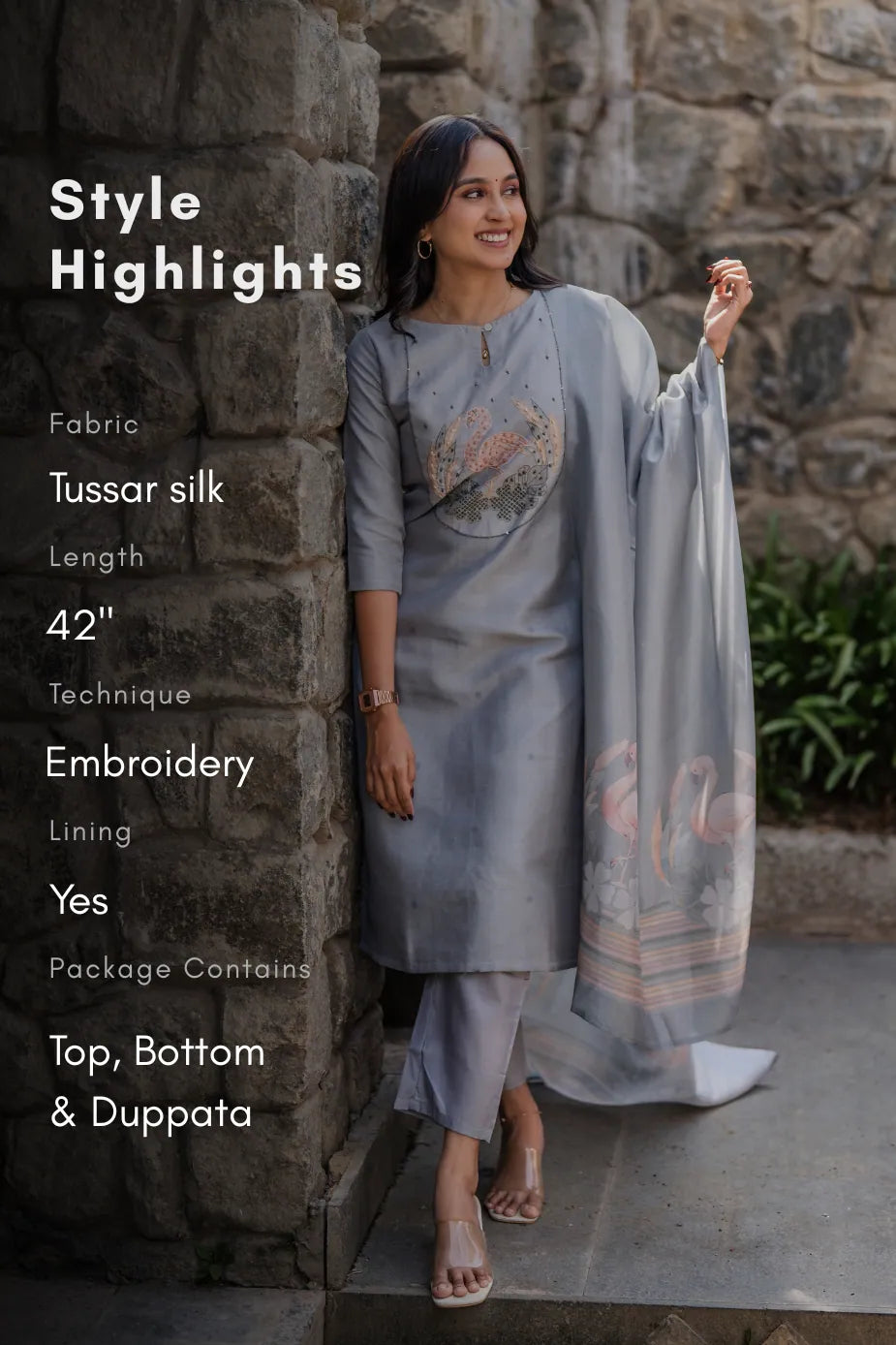 Swanstone Grey Embroidered Tussar Silk Kurta Set