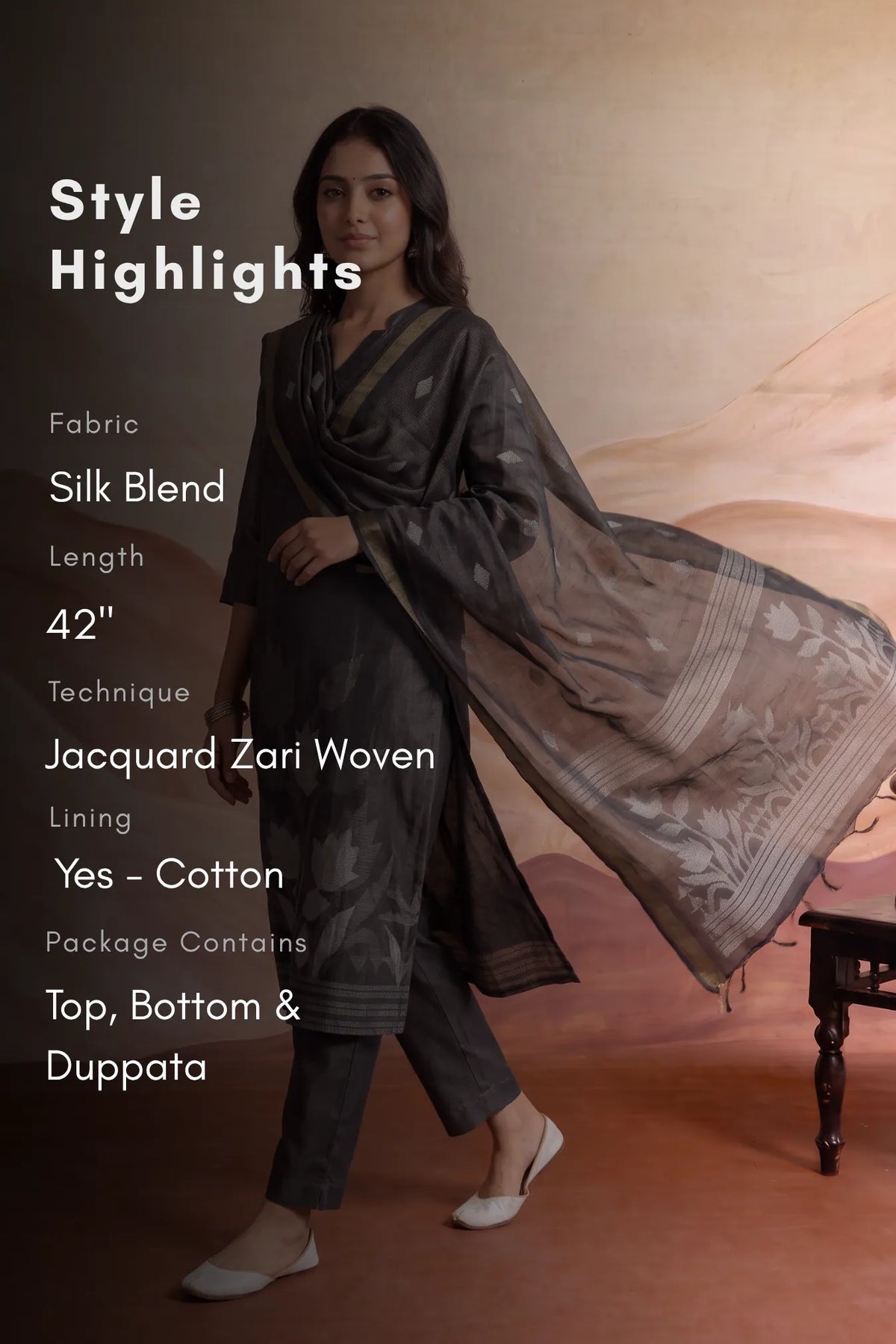 Celestial Drift Black Silk Blend 3-Piece Kurta Set with Dupatta