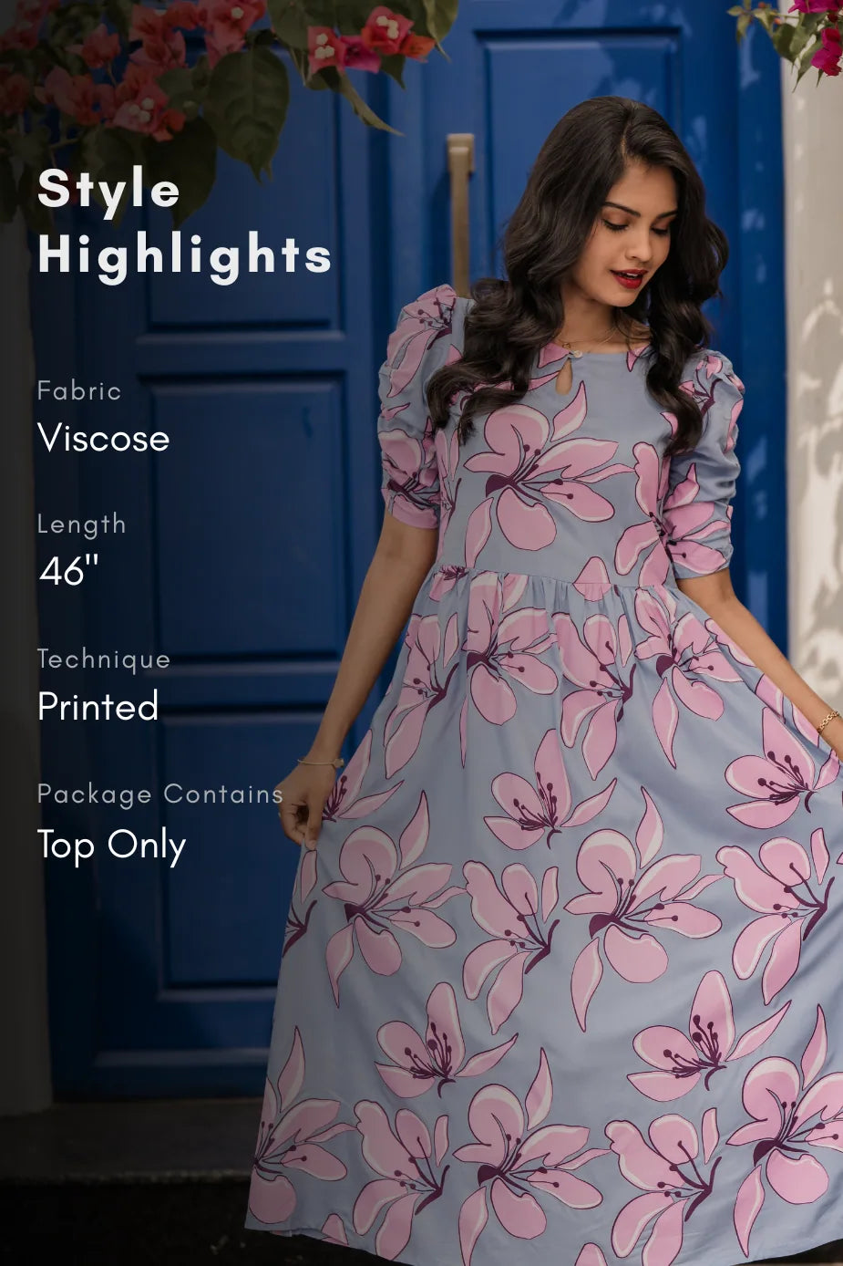 Drifting Blossoms Blue Viscose Dress with Boat Neck & Ruched Sleeves