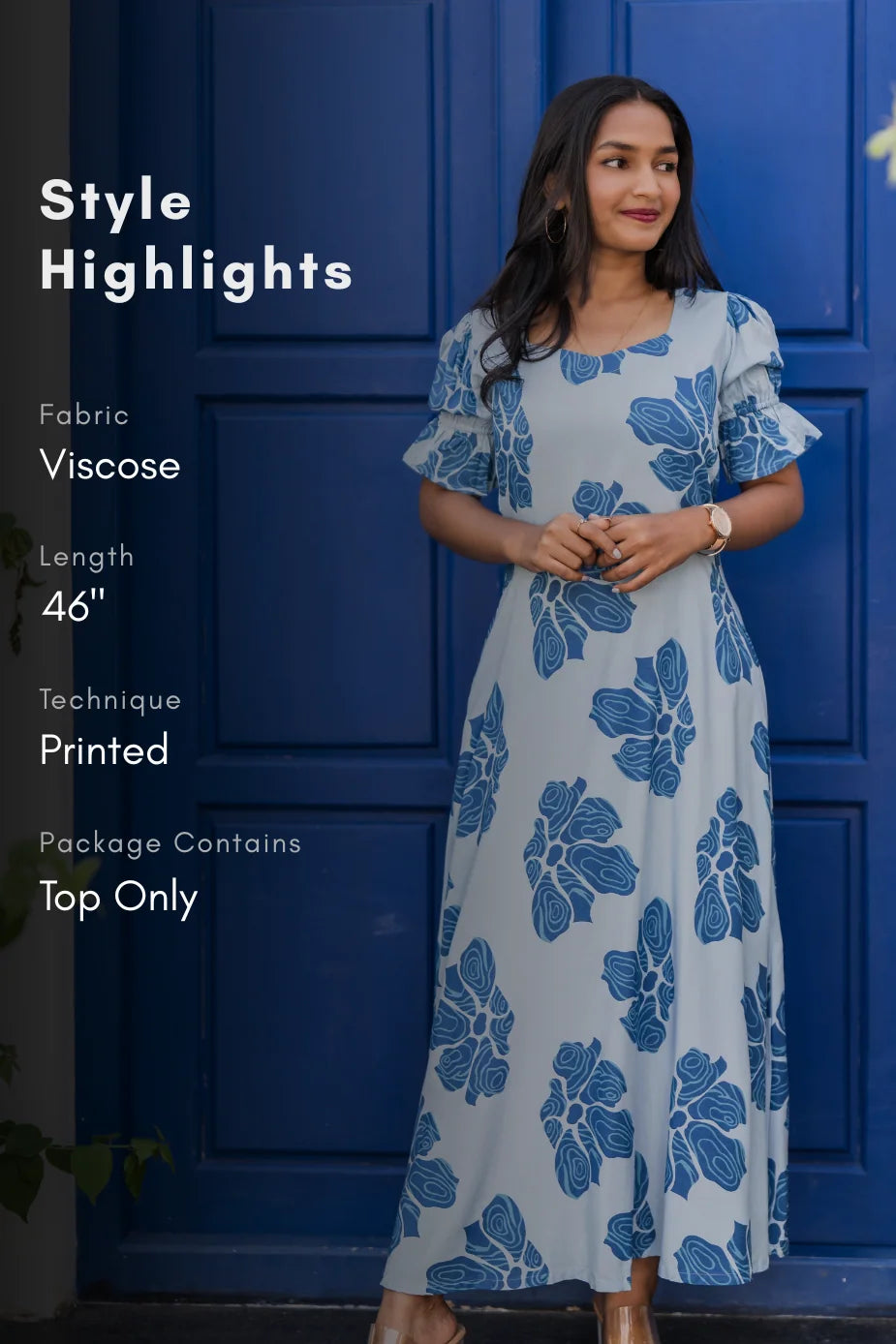 Cloud Tale Blue Viscose Dress with Sweetheart Neck & Elasticated Frill Sleeves