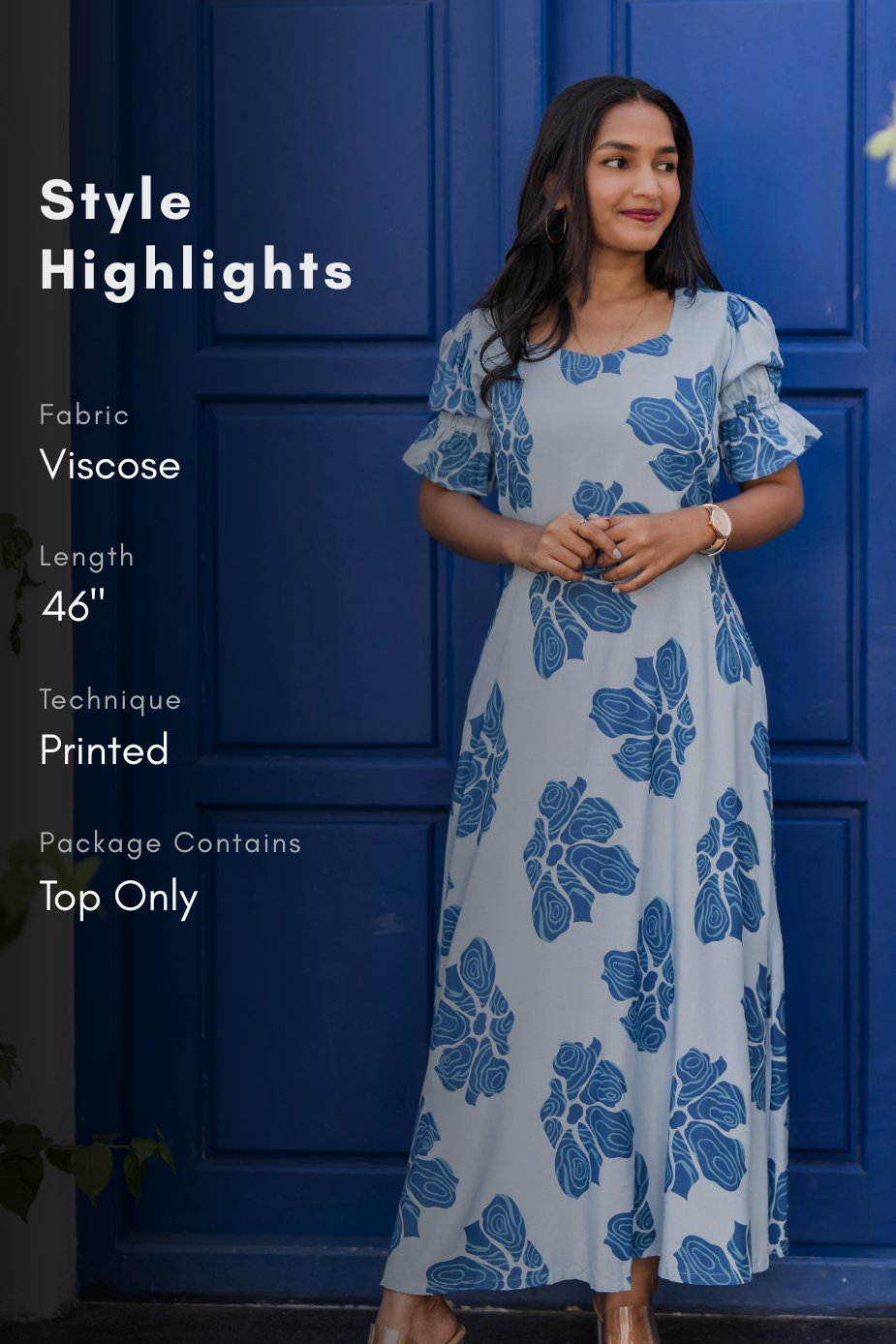 Cloud Tale Blue Viscose Dress with Sweetheart Neck & Elasticated Frill Sleeves