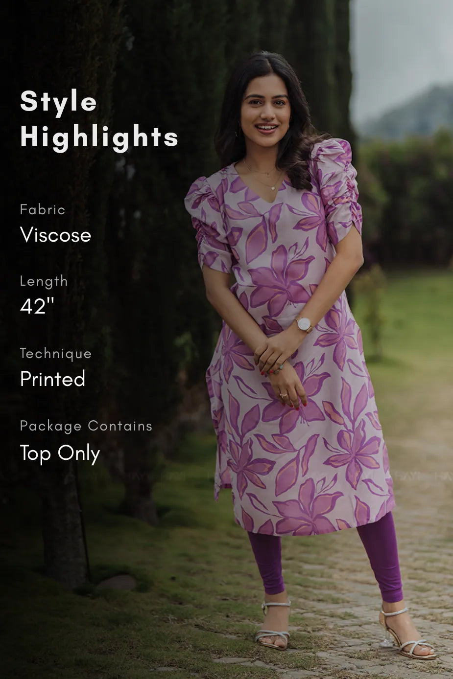 Meadow Grace Lavender Viscose Kurta with V-Neckline & Ruched Sleeves